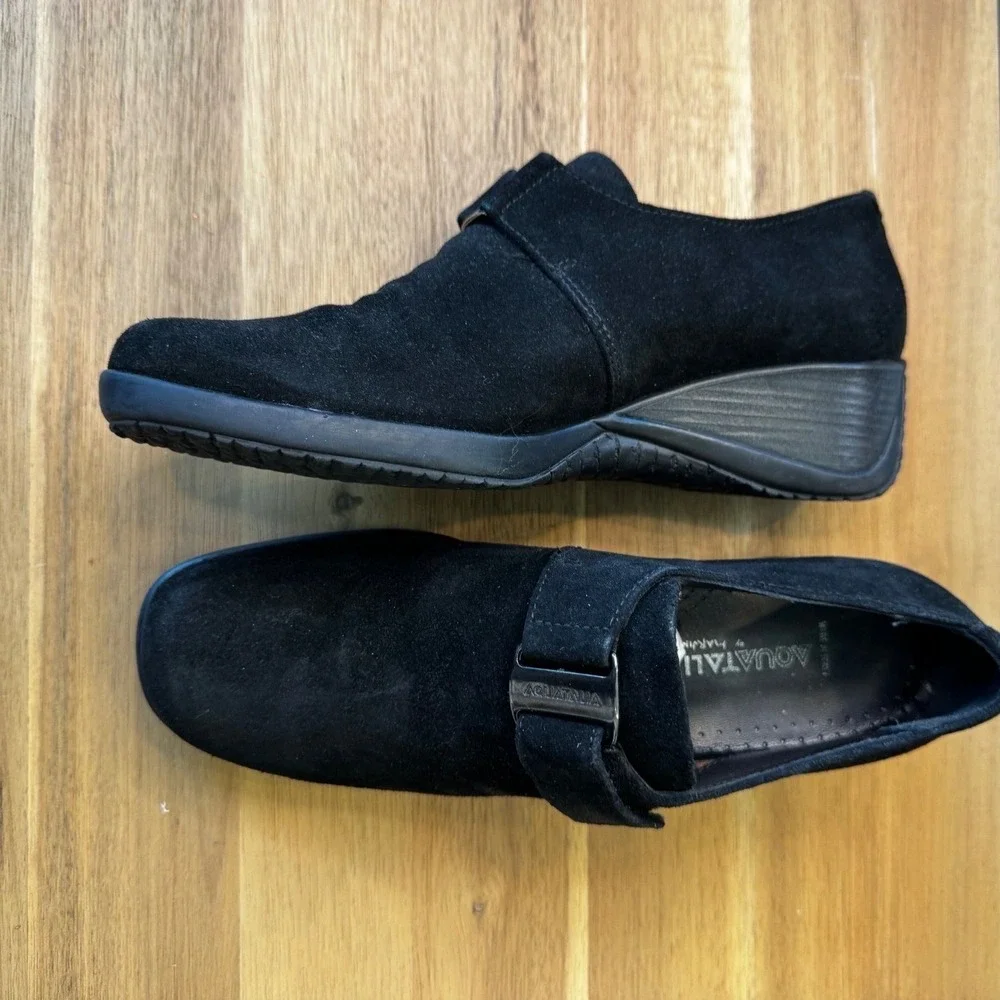Aquatalia Marvin K Women 7.5 Black Suede Wedge Loafers Italy Comfort Boho‎